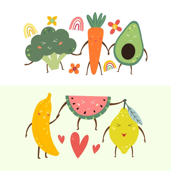 Śmieszne Owoce Warzywa Owoce Się Uśmiechają Ilustracja Wektora Elementy Wektorowe — Wektor stockowy