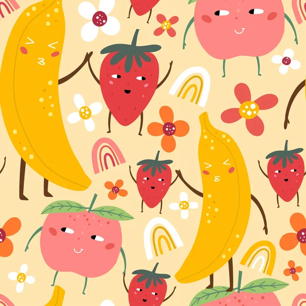 Nahtloses Muster Mit Banane Pfirsich Und Erdbeere Lustige Früchte Auf — Stockvektor