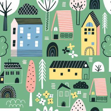 Komik ağaçlar ve evler pürüzsüz. Renkli arka plan vektörü. El çizimi illüstrasyon.