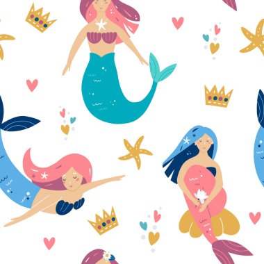 Denizkızı ve denizyıldızı desenleri, sualtı dünyası sakinleri, peri masalı çocuk tekstili, ambalaj kağıdı, arka plan. Vektör illüstrasyonu.