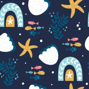 Su altı dünyası sakinleri, bitki örtüsü ve fauna elementleri. Çocuk tekstil, ambalaj kağıdı, arka plan. Vektör çizgi film illüstrasyonu.