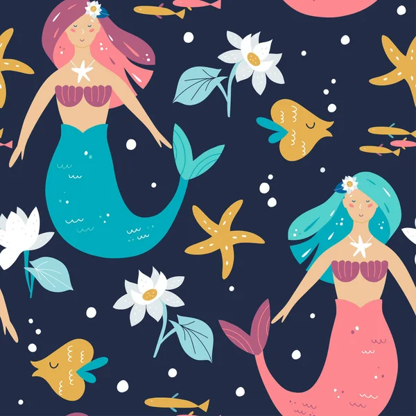 Mermaid Flowers Seamless Pattern Underwater Sea World Dwellers Fairytale Kid — Stock Vector