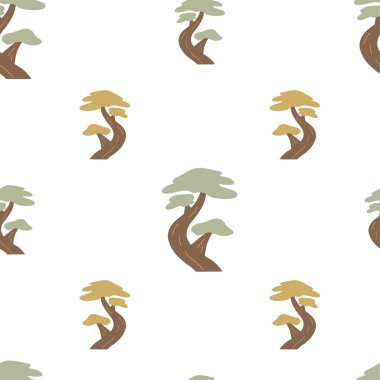 Afrika 'daki doğa ağaçlarıyla şirin, pürüzsüz bir desen. Bitkilerle vektör karikatür çizimi. 