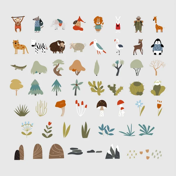Gyermek Gyűjteménye Vicces Állatok Növények Egy Sor Elem Design Rajzfilmfigurák — Stock Vector