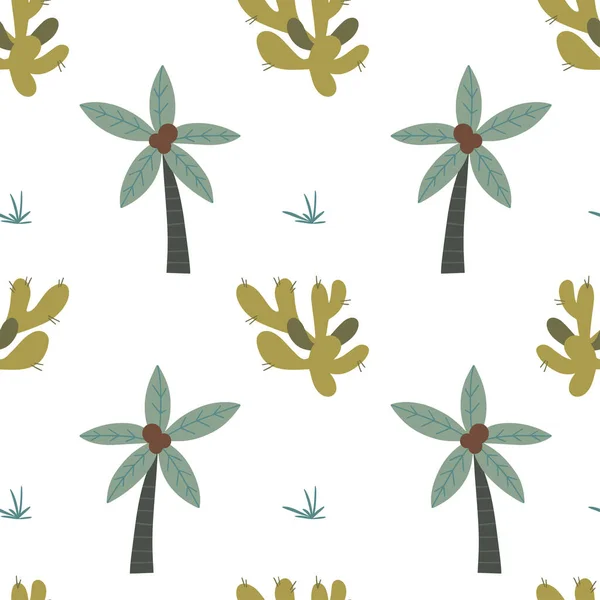 Симпатичный Бесшовный Узор Пальмами Кактусами Векторная Карикатура Растениями Подходит Дизайна — стоковый вектор