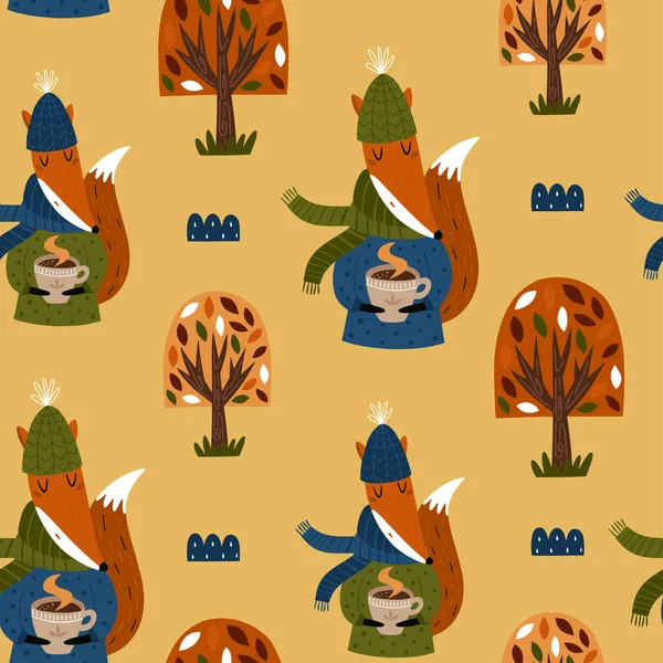 Seamless Pattern Autumn Trees Funny Fox Modern Fall Seasonal Decor — Stockvector