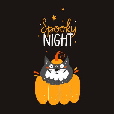 Ölüler Günü için vektör illüstrasyonu ya da ürkütücü, siyah kedili Cadılar Bayramı ve alıntı. Festivalsel vektör illüstrasyonu