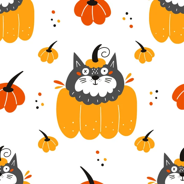 Seamless Pattern Day Dead Halloween Spooky Black Cat Pumpkin Festive — Stock Vector