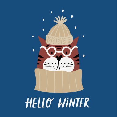 Gözlüklü komik bir Noel kedisi. Beyaz arka planda sevimli komik kedi. Düz çizgi film vektör çizimi.