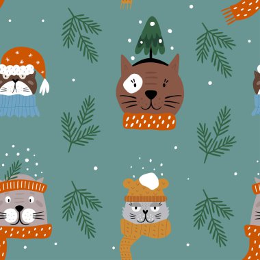 Kediyle yılbaşı dekoru. Komik kediyle kusursuz desen. Ambalaj kağıdı, kumaş, kapak ve kartlar için Noel tasarımı.