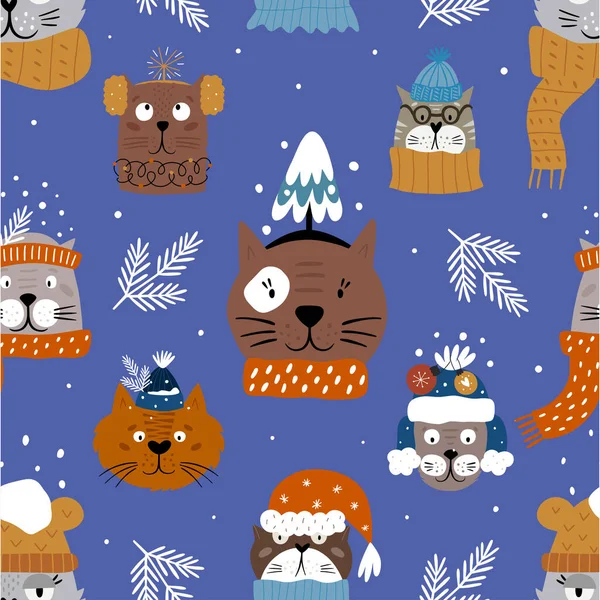 新年的装饰与猫 无缝隙的图案与滑稽的猫 用于包装纸 封面和卡片的圣诞设计 矢量背景 — 图库矢量图片