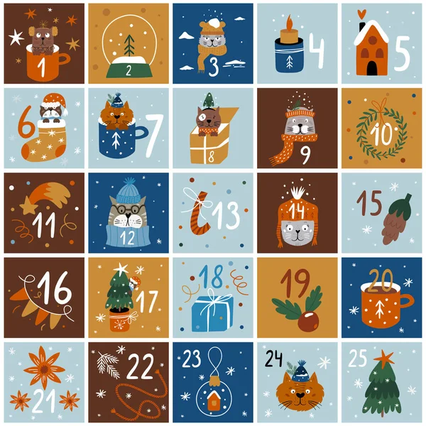 Calendario Adviento Navidad Imprimible Conjunto Tarjetas Navidad Vector Ilustración Dibujada — Vector de stock