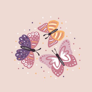 Çizimlerin sevimli kelebekler baskısı. Botanik sanat baskısı.