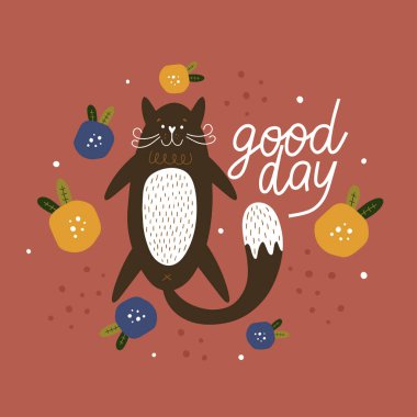 Komik kedi. Bahar geldi. Düz renk basit biçim tasarımı. Vektör illüstrasyonu.