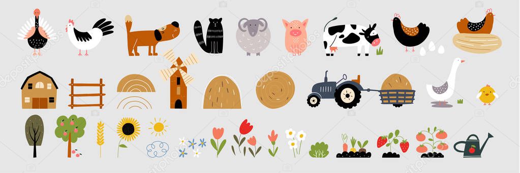 Garden, farm and agriculture. Vector illustration of farm animals and birds. Farm barn, tractor, fence, dried haystack, garden beds and harvest.