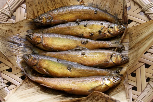 Ayu rebus (ikan manis) dengan lada Jepang, hidangan ikan Jepang — Stok Foto