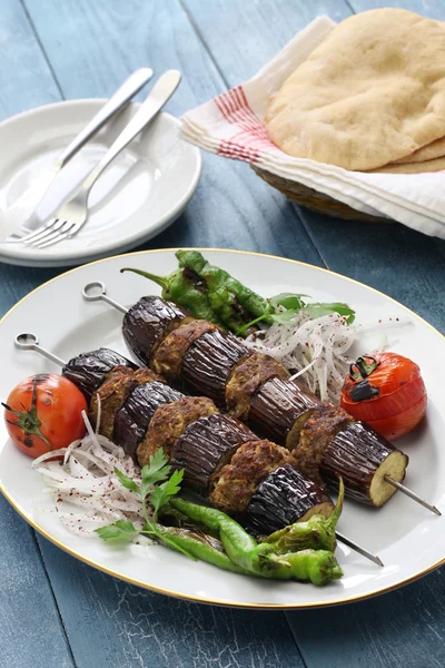 Padlizsán kebab, patlican kebab, török konyha elszigetelt fehér background — Stock Fotó