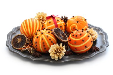 orange pomander balls, christmas table decoration clipart