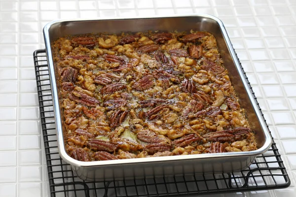 Ahornsiroop Boter Taart Vierkanten Met Pecan Walnoot Zelfgemaakte Canadische Zoete — Stockfoto