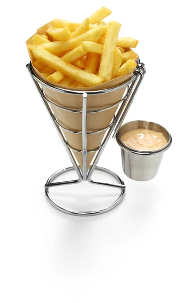 Belgian Frites Wrapped Paper Cone Samourai Sauce — Stock Photo, Image