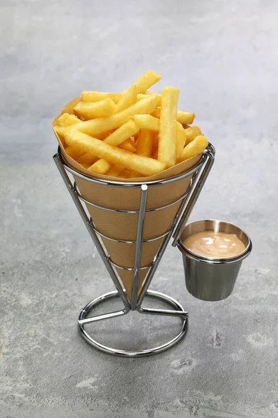 Belgian Frites Wrapped Paper Cone Samourai Sauce — Stock Photo, Image