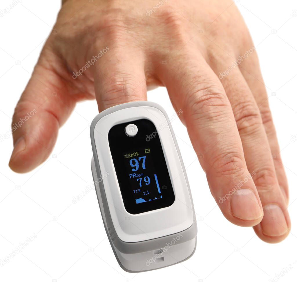 measuring oxygen saturation in blood by attaching  pulse oximeter to fingertip to see if  having  pneumonia due to the new coronavirus. 