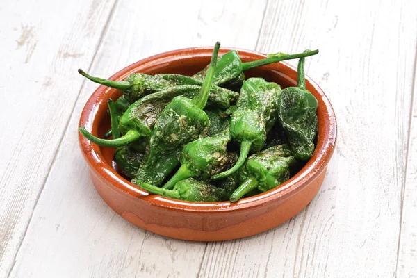 Gebakken Spaanse Padron Pepers Pimientos Padron — Stockfoto