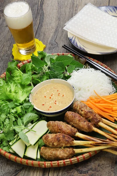 Nem Lui Fue Grilled Minced Pork Sausages Lemongrass Skewers Vietnamese — Stock Photo, Image