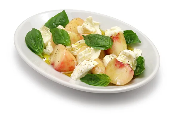 Insalata Pesche Caprese Pesca Piatta Mozzarella Basilico — Foto Stock