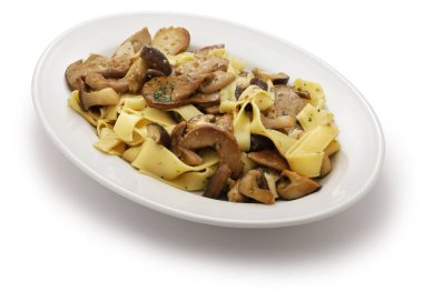 Beyaz arka planda porcini mantarlı ev yapımı pappardelle makarna.