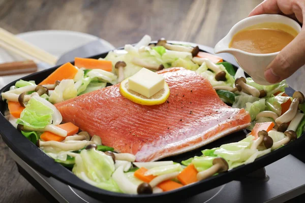 Japanese Cooking Hokkaido Style Salmon Chanchan Yaki Stir Fried Salmon — Stock Photo, Image