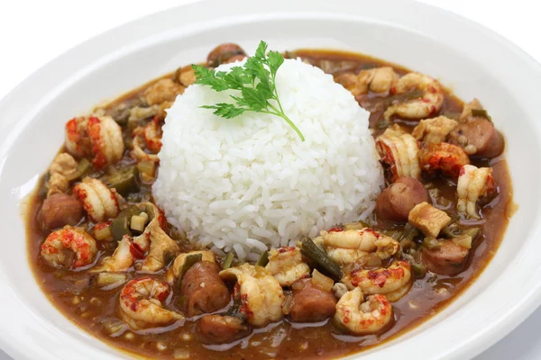 Gumbo com lagosta, frango e salsicha — Fotografia de Stock