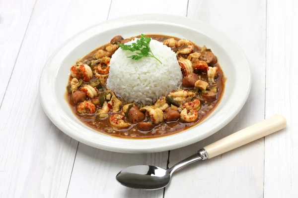 Gumbo com lagosta, frango e salsicha — Fotografia de Stock