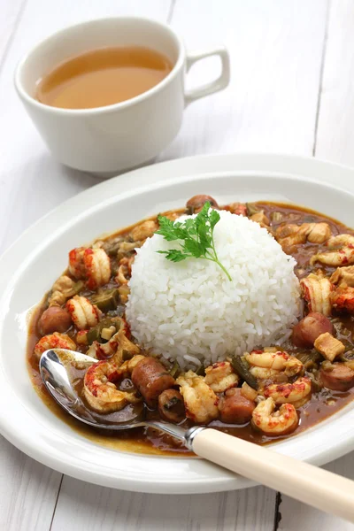 Gumbo com lagosta, frango e salsicha — Fotografia de Stock