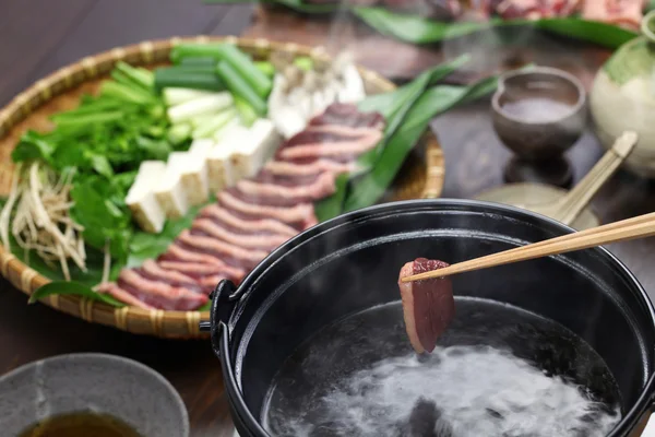 Дикий качиний гарячий горщик, японська страва з одного горщика — стокове фото