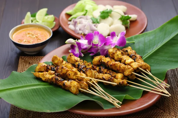 Satay frango com molho de amendoim, cozinha de espeto indonésia — Fotografia de Stock