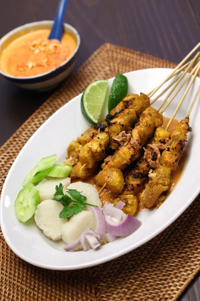 Chicken satay with peanut sauce, indonesian skewer cuisine — Stock Photo, Image