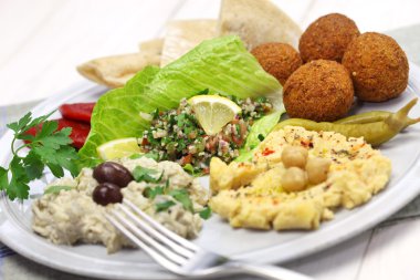 Hummus, falafel, baba ghanoush, tabbouleh and pita, middle eastern cuisine clipart