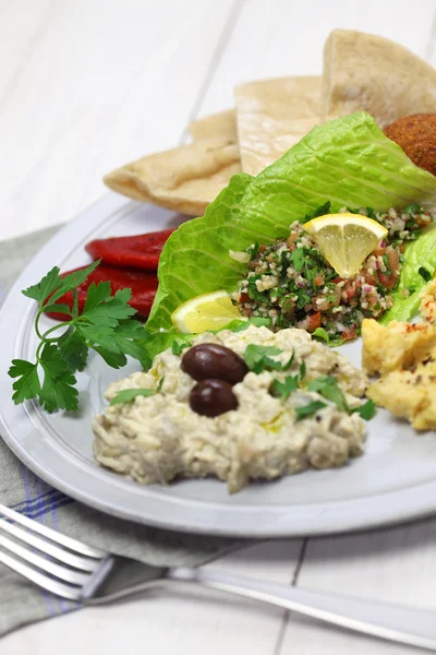 Хумус, фалафель, баба гануш, табуле и пита, ближневосточная кухня — стоковое фото