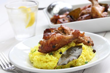 chicken and pork adobo over yellow rice, filipino food clipart