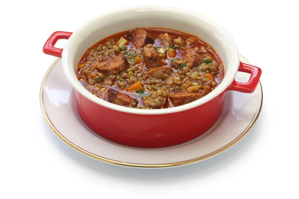 Spanische Linsensuppe mit Chorizo — Stockfoto