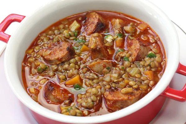 Spanish lentil soup with chorizo — Stock Photo, Image