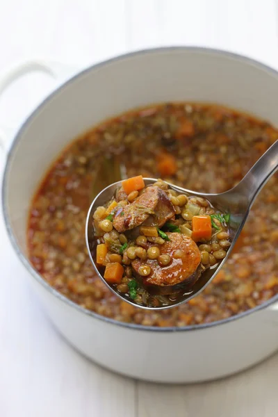 Spanish lentil soup with chorizo — Stock Image Spanish lentil soup with chorizo Royalty Free Stock Photos