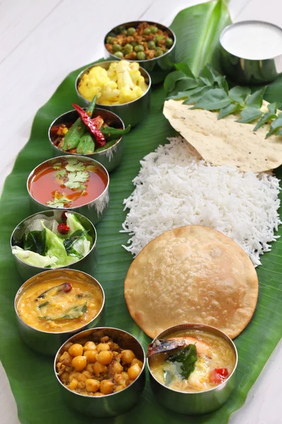 South indian meals on banana leaf — Stock Photo, Image