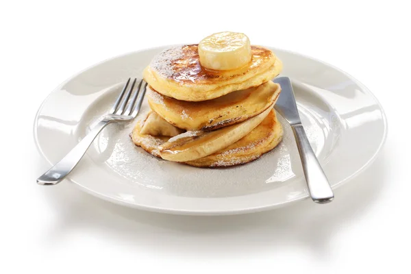 Fluffy ricotta pancakes with banana — Stock Photo, Image