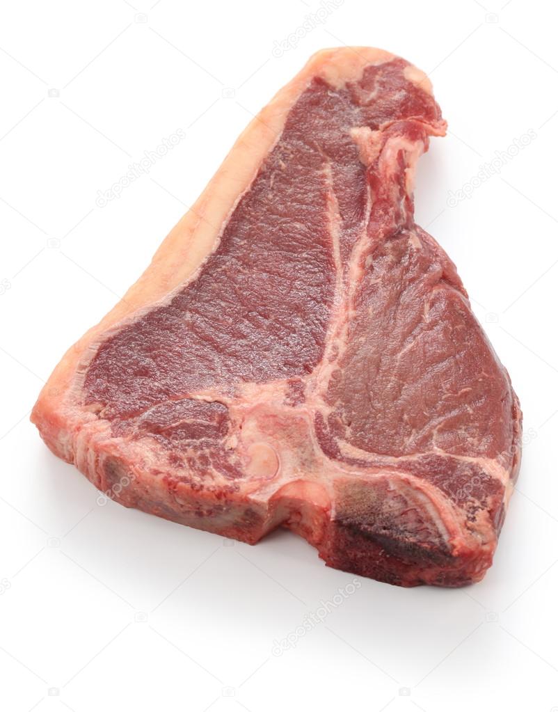 dry aged t-bone steak, raw beef isolated on white background
