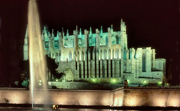 Catedral Seu Noite Palma Maiorca Com Fonte Primeiro Plano — Fotografia de Stock