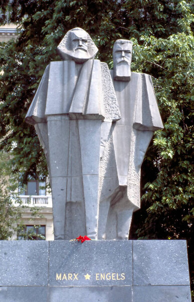 BUDAPEST,HUNGARY-AUGUST 10, 1999: Cubist Statues of Marx and Engels in Budapest Hungary Europe