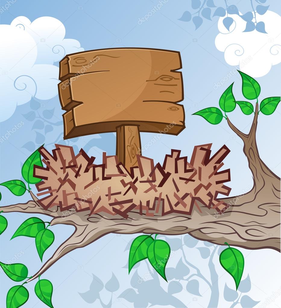 Wooden Sign in a Bird Nest Cartoon