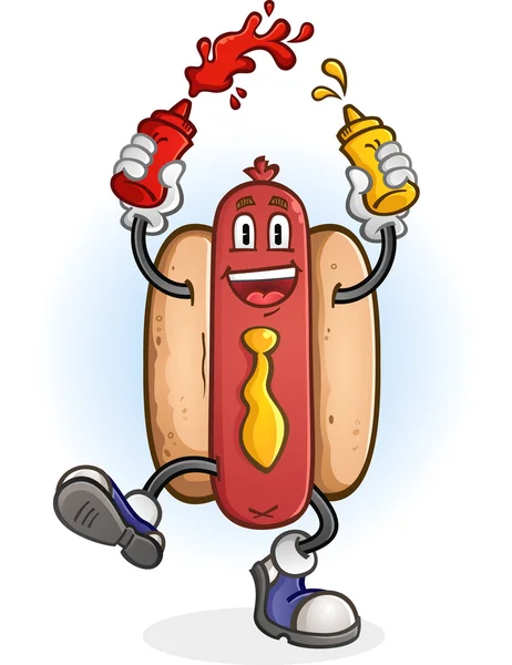 Hot Dog esguichando Ketchup e personagem de desenhos animados de mostarda —  Vetores de Stock